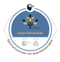 Badge Ita’Com : Cours thématiques, ruban Spécialisations en psychothérapie.
