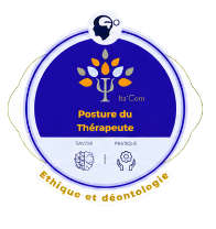 Badge Ita’Com : Posture du thérapeute, ruban Éthique et déontologie.